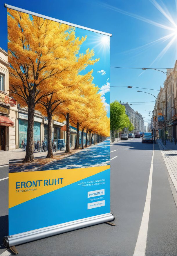 custom roll up banner displayed outdoors on a sunny street